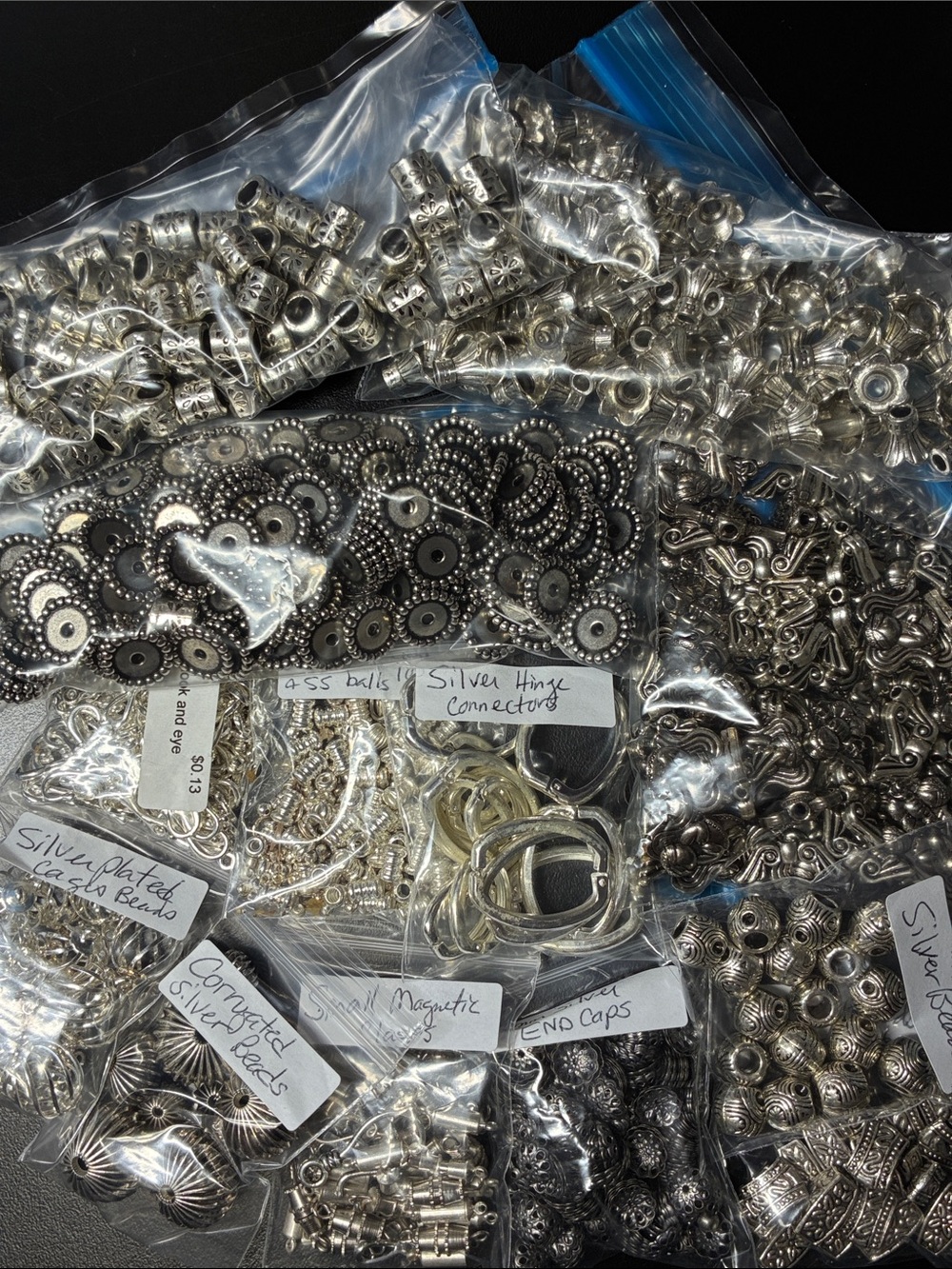 Mixed Silver Tone and silver plated Bead Caps, Connectors & Findings Lot